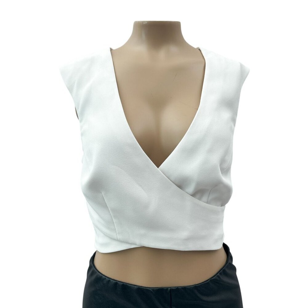 Marciano Crepe‎ White Sleeveless Faux Wrap V-Neck Crop Top Zip Back Womens XS